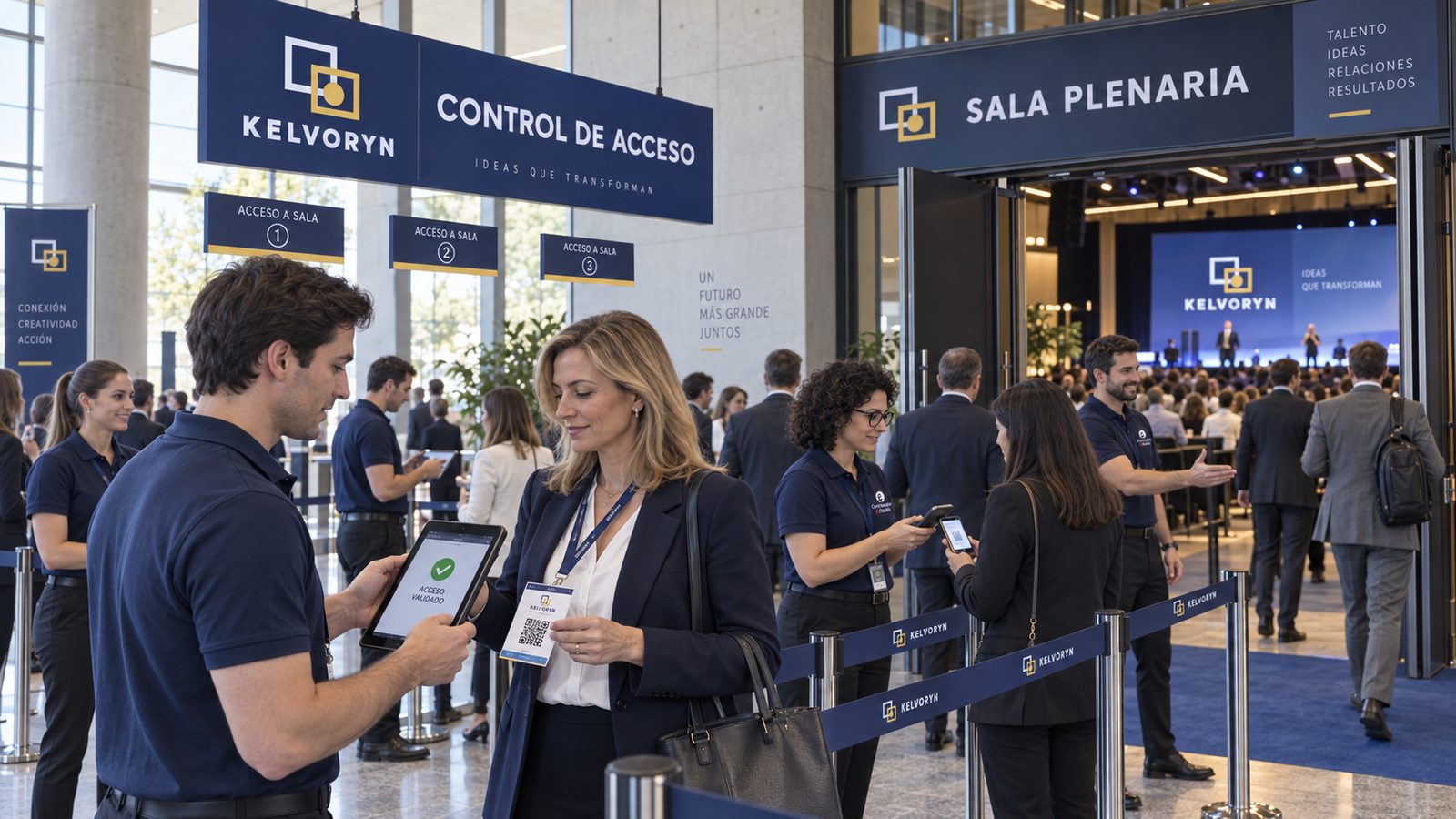Personal de Comunicación & Diseño validando la credencial con código QR de una asistente en el control de acceso a la sala plenaria