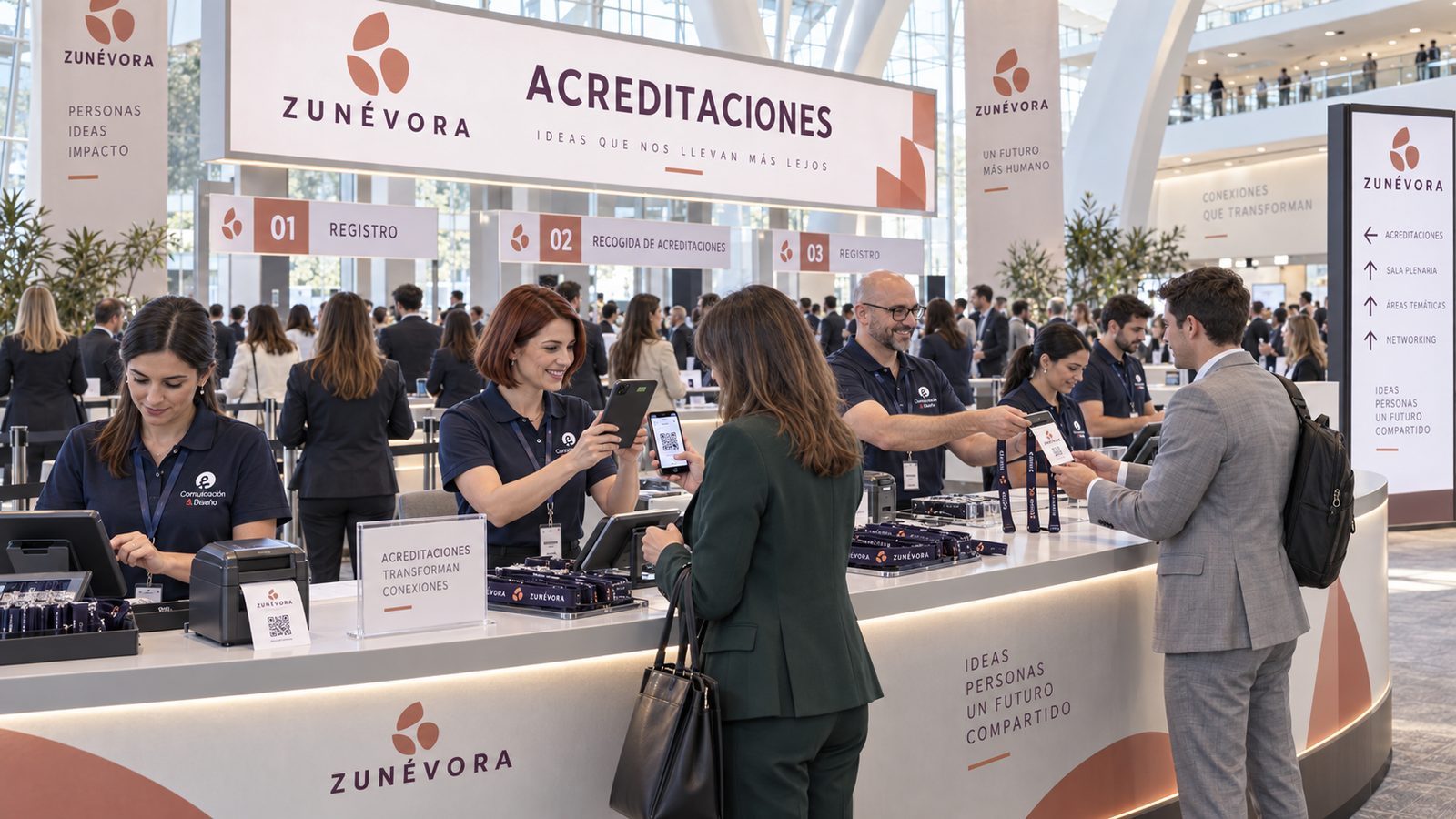 Mostradores de acreditación de un congreso atendidos por personal de Comunicación & Diseño, con lectura de códigos QR e impresión de credenciales